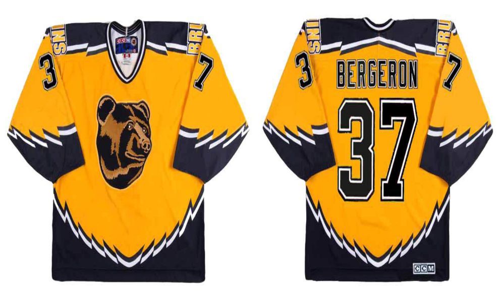 2019 Men Boston Bruins #37 Bergeron Yellow CCM NHL jerseys->boston bruins->NHL Jersey